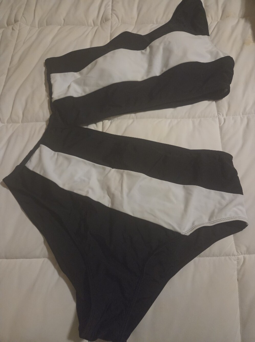 Black and White Striped One-Shoulder Bikini Set